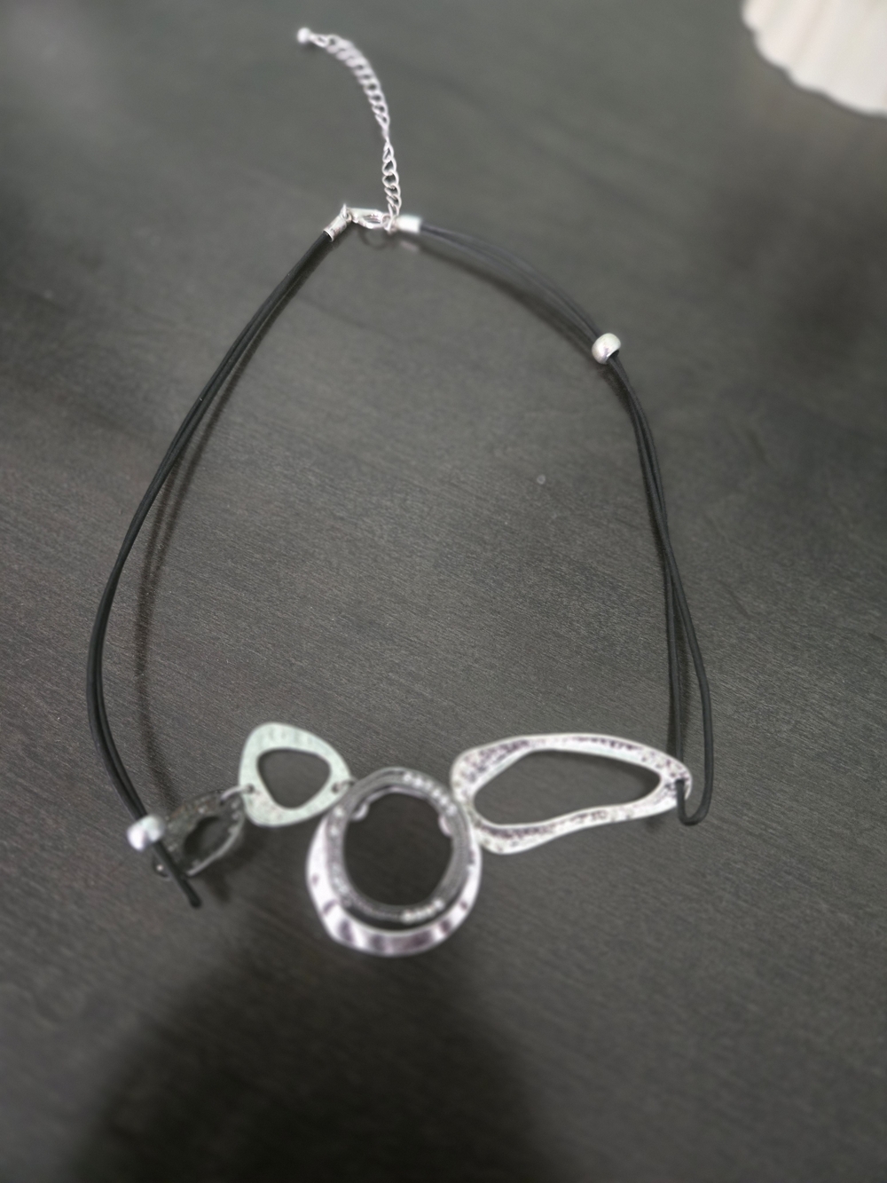 Modern Silver Link Pendant Necklace with Black Cord